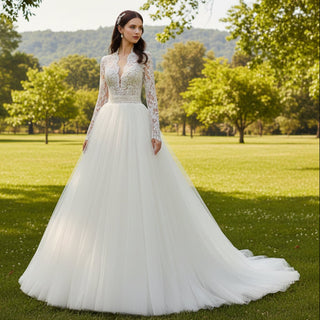 Deep V & Plunge Neckline Wedding Dress with Long Sleeve - Rosymae
