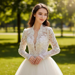 Deep V & Plunge Neckline Wedding Dress with Long Sleeve - Rosymae