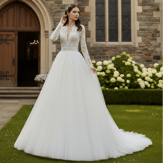 Deep V & Plunge Neckline Wedding Dress with Long Sleeve - Rosymae