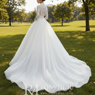 Deep V & Plunge Neckline Wedding Dress with Long Sleeve - Rosymae