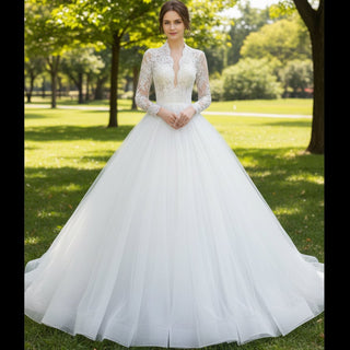 Deep V & Plunge Neckline Wedding Dress with Long Sleeve - Rosymae
