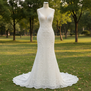 Elegant Vneck Spaghetti Strap Lace Mermaid Wedding Dress With Sparkle