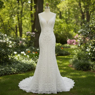 Elegant Vneck Spaghetti Strap Lace Mermaid Wedding Dress With Sparkle