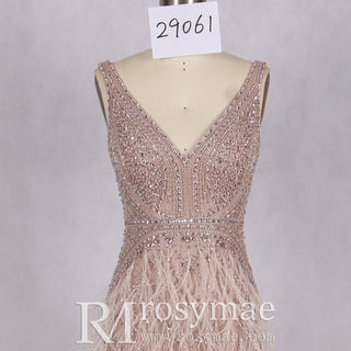 Long Glitter Crystals Feather Mermaid Prom Dress Formal Evening Gown