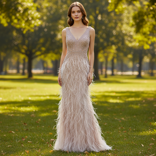 Long Glitter Crystals Feather Mermaid Prom Dress Formal Evening Gown