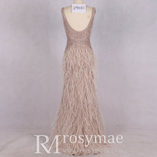 Long Glitter Crystals Feather Mermaid Prom Dress Formal Evening Gown