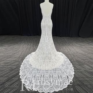Women's Floral Lace Wedding Mermaid Dress with Sexy Vneck