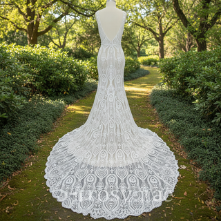 Elegant Women's Floral Lace Wedding Mermaid Dress with Vneck