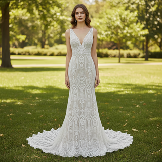 Elegant Women's Floral Lace Wedding Mermaid Dress with Vneck