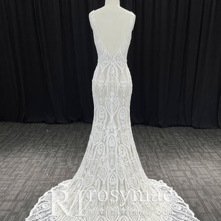 Women's Floral Lace Wedding Mermaid Dress with Sexy Vneck