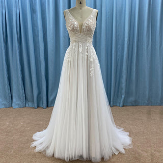 Deep Vneck Tulle Lace Sheath Wedding Dress with Tank Top - Rosymae