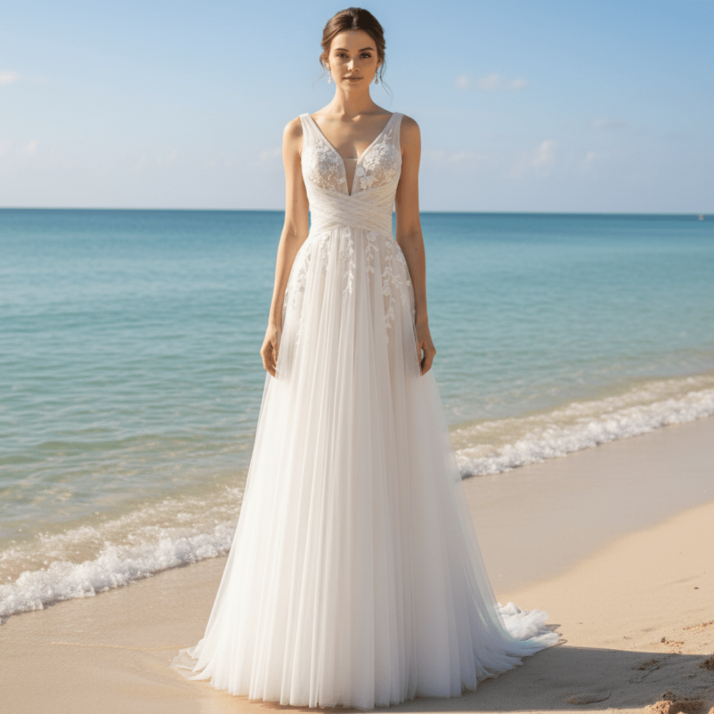 Deep Vneck Tulle Lace Sheath Wedding Dress with Tank Top - Rosymae