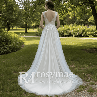 Deep Vneck Tulle Lace Sheath Wedding Dress with Tank Top - Rosymae