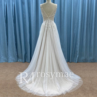 Deep Vneck Tulle Lace Sheath Wedding Dress with Tank Top - Rosymae