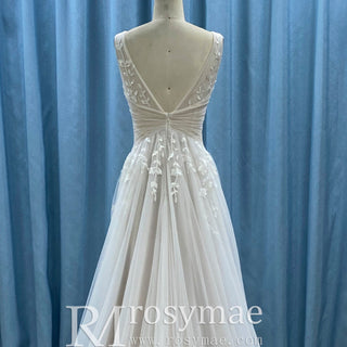 Deep Vneck Tulle Lace Sheath Wedding Dress with Tank Top - Rosymae
