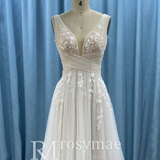 Deep Vneck Tulle Lace Sheath Wedding Dress with Tank Top - Rosymae