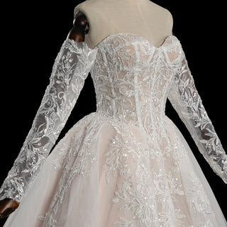 Detachable Long-Sleeve Lace Ball Gown Wedding Dress with Sweeping Train - Rosymae