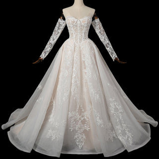 Detachable Long-Sleeve Lace Ball Gown Wedding Dress with Sweeping Train - Rosymae