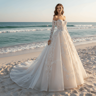 Detachable Long-Sleeve Lace Ball Gown Wedding Dress with Sweeping Train - Rosymae