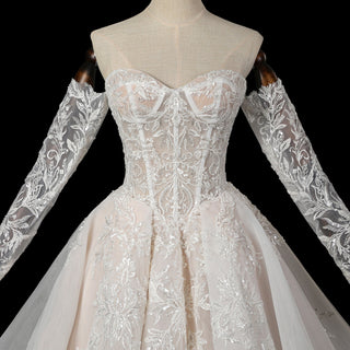 Detachable Long-Sleeve Lace Ball Gown Wedding Dress with Sweeping Train - Rosymae