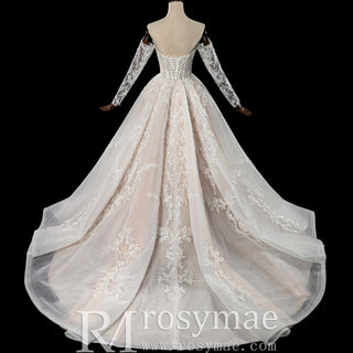 Detachable Long-Sleeve Lace Ball Gown Wedding Dress with Sweeping Train - Rosymae