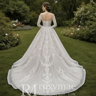 Detachable Long-Sleeve Lace Ball Gown Wedding Dress with Sweeping Train - Rosymae