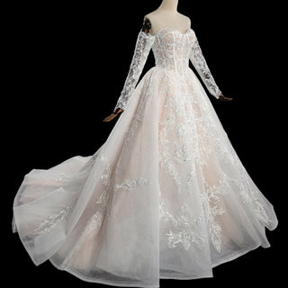 Detachable Long-Sleeve Lace Ball Gown Wedding Dress with Sweeping Train - Rosymae