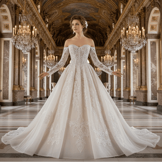 Detachable Long-Sleeve Lace Ball Gown Wedding Dress with Sweeping Train - Rosymae
