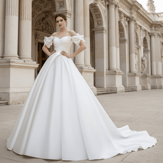 Detachable Off Sleeve Ruched Ball Gown Bridal Wedding Dress - Rosymae