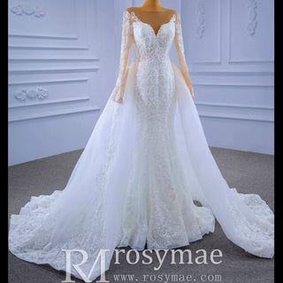 Detachable Skirt Vintage Beaded Lace Wedding Dress with Long Sleeves - Rosymae