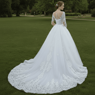 Detachable Skirt Vintage Beaded Lace Wedding Dress with Long Sleeves - Rosymae