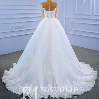 Detachable Skirt Vintage Beaded Lace Wedding Dress with Long Sleeves - Rosymae