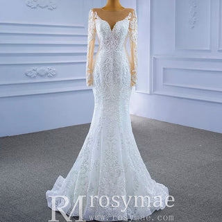 Detachable Skirt Vintage Beaded Lace Wedding Dress with Long Sleeves - Rosymae