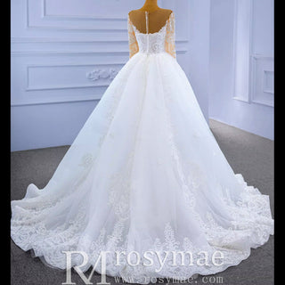Detachable Skirt Vintage Beaded Lace Wedding Dress with Long Sleeves - Rosymae