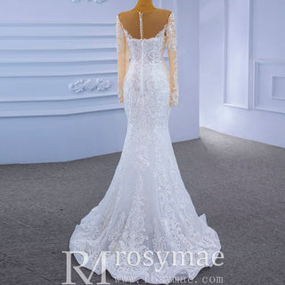 Detachable Skirt Vintage Beaded Lace Wedding Dress with Long Sleeves - Rosymae