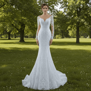 Detachable Skirt Vintage Beaded Lace Wedding Dress with Long Sleeves - Rosymae