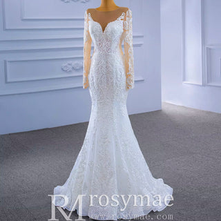 Detachable Skirt Vintage Beaded Lace Wedding Dress with Long Sleeves - Rosymae