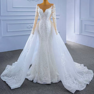 Detachable Skirt Vintage Beaded Lace Wedding Dress with Long Sleeves - Rosymae