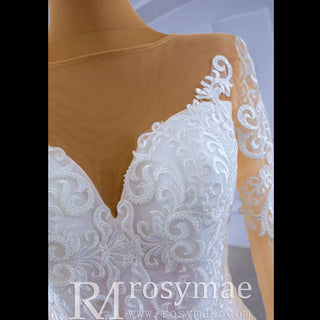 Detachable Skirt Vintage Beaded Lace Wedding Dress with Long Sleeves - Rosymae