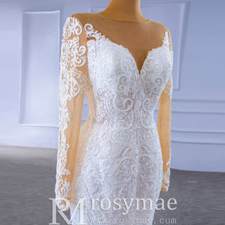 Detachable Skirt Vintage Beaded Lace Wedding Dress with Long Sleeves - Rosymae