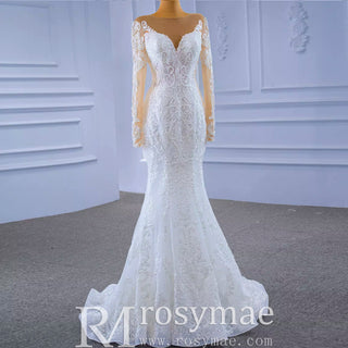 Detachable Skirt Vintage Beaded Lace Wedding Dress with Long Sleeves - Rosymae