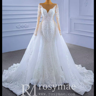 Detachable Skirt Vintage Beaded Lace Wedding Dress with Long Sleeves - Rosymae