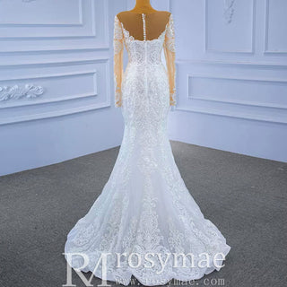 Detachable Skirt Vintage Beaded Lace Wedding Dress with Long Sleeves - Rosymae