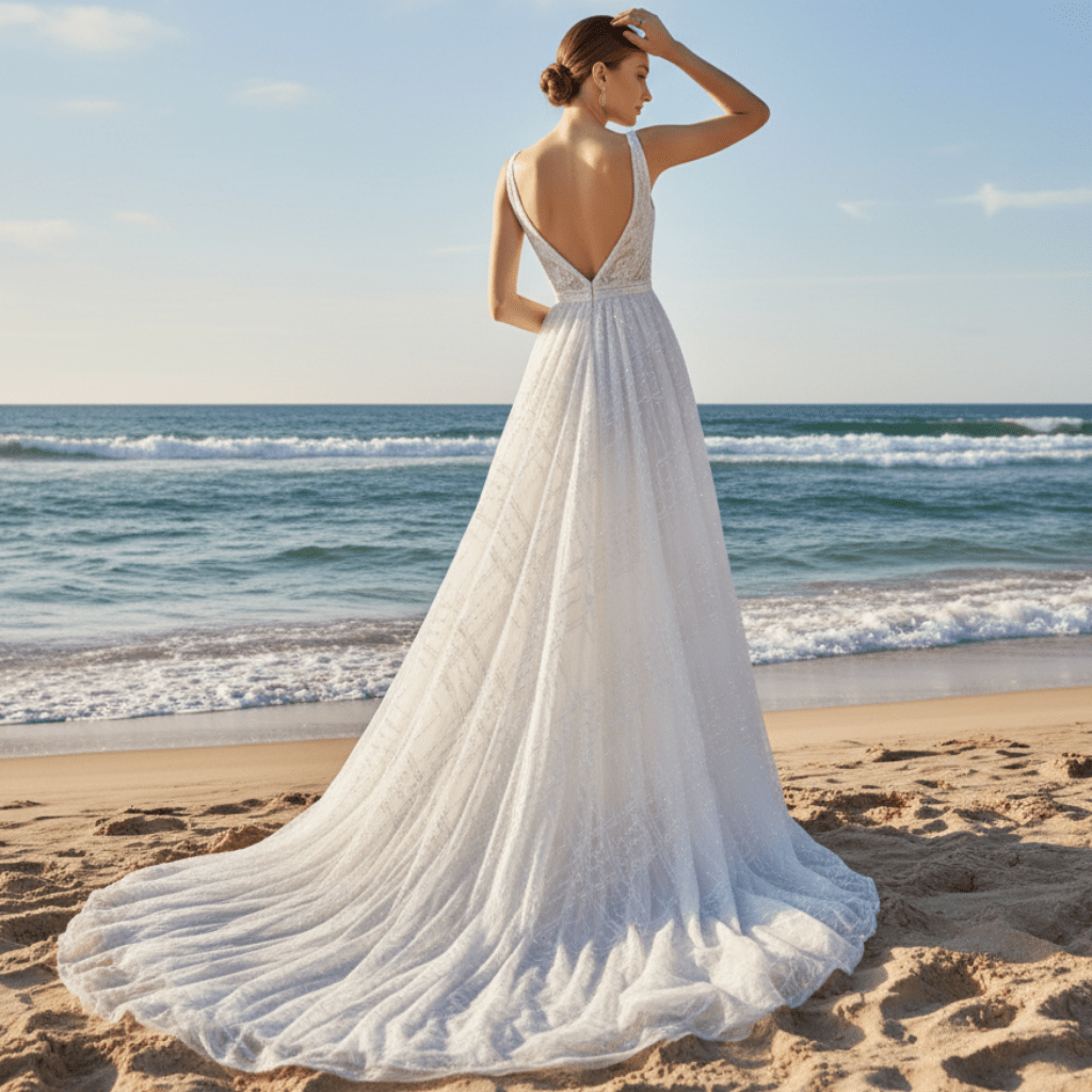 Doube Vneck Sparkly A-line Wedding Dress with Tank Sleeves - Rosymae