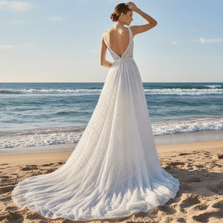 Doube Vneck Sparkly A-line Wedding Dress with Tank Sleeves - Rosymae