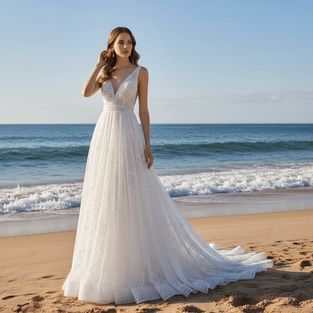 Doube Vneck Sparkly A-line Wedding Dress with Tank Sleeves - Rosymae