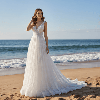 Doube Vneck Sparkly A-line Wedding Dress with Tank Sleeves - Rosymae