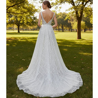 Doube Vneck Sparkly A-line Wedding Dress with Tank Sleeves - Rosymae
