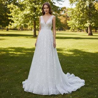 Doube Vneck Sparkly A-line Wedding Dress with Tank Sleeves - Rosymae