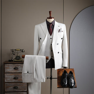 Double Breasted Striped White Groom's Wedding Suit Set - Rosymae
